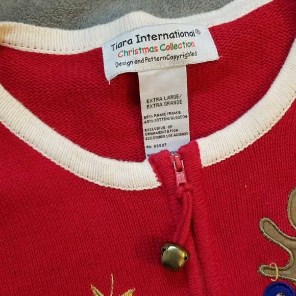TIARA INTERNATIONAL UGLY CHRISTMAS SWEATER ZIPPER REINDEER BELLS SEQUIN - Picture 3 of 5